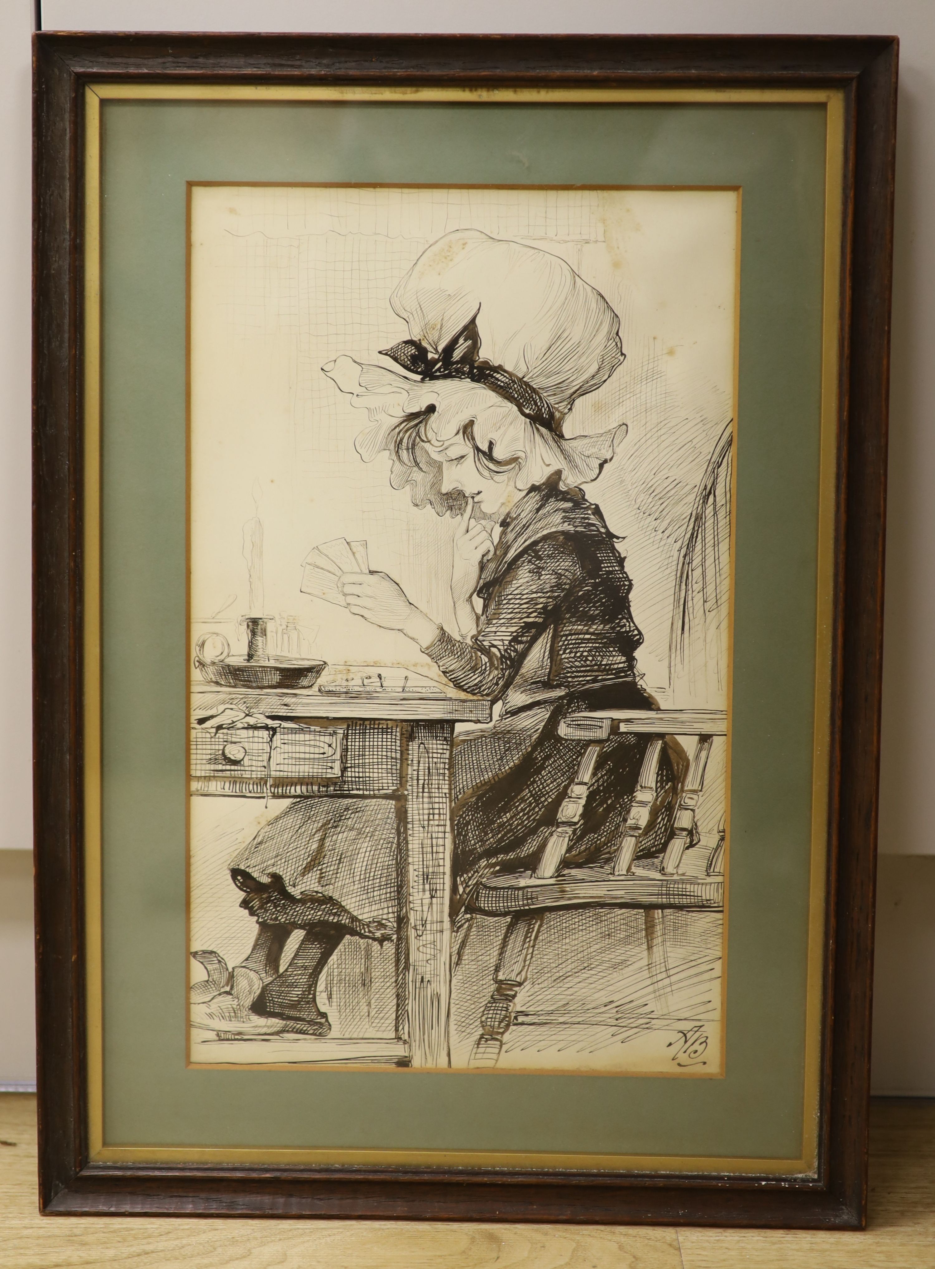 AB circa 1900, pen and ink, girl in a mob hat, 40 x 25cm.